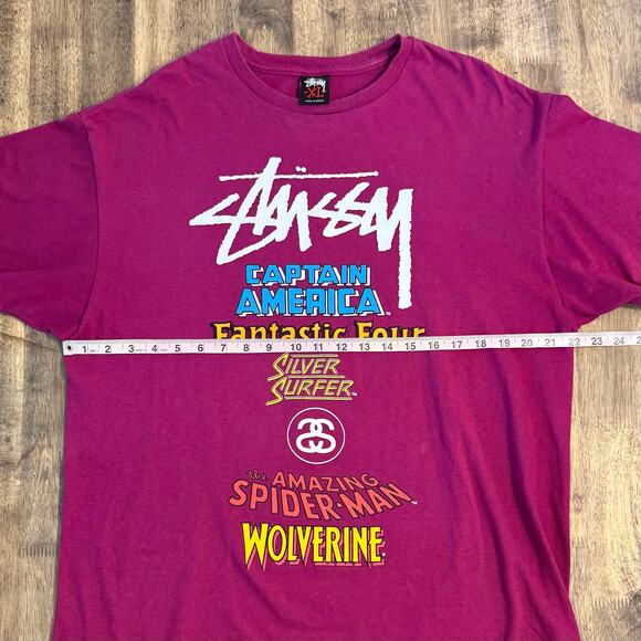VTG Stussy x Marvel Graphic Shirt Super Heroes vs Villains Magenta Unisex XLarge - Picture 7 of 8